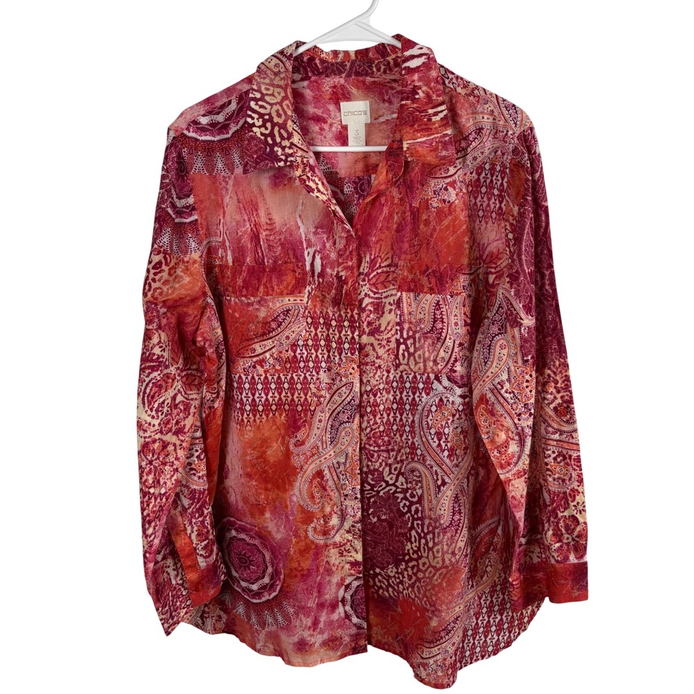 Chico's Button Up Shirt Womens 3/XL Red Pink Cotton Long Sleeve Boho Art to Wear
